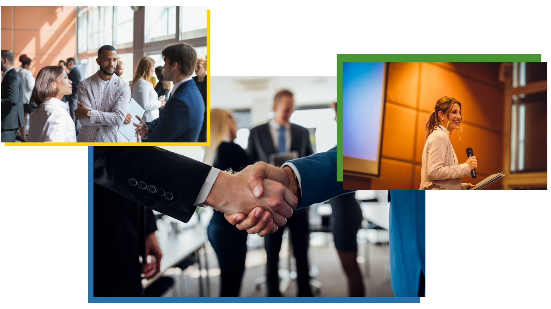 Business networking and collaboration concept — professionals networking at a corporate event, a handshake symbolizing partnership, and a confident woman speaker presenting at a business conference.